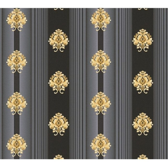 Sort - koksgrå striber med guld dekoration - Køb flot tapet online