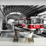 Sort hvid togstation med rød tog - Køb non-woven fototapet