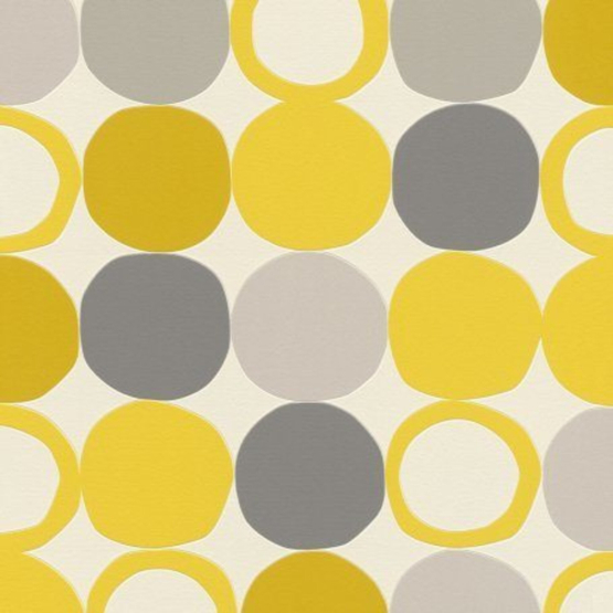 Retro tapet med runde cirkler i gul og grå - Køb retrotapet online