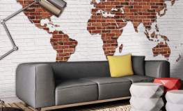 Hvid murstensvæg med verdenskortet - Køb fototapet med mursten