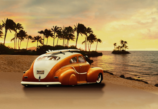 Amerikanerbil på strand med solnedgang - Køb non-woven fototapet