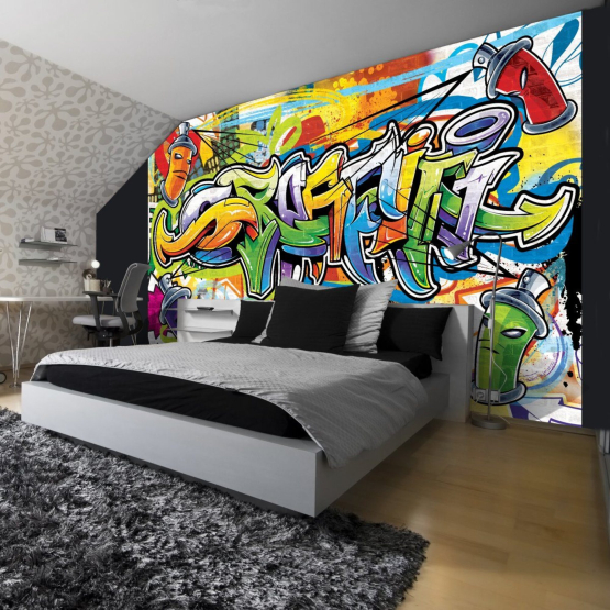 Graffiti tags med flotte farver - Køb fototapet med grafitti maleri på væg