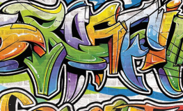 Graffiti på grå murstensmur - Køb non-woven kvalitets fototapet her