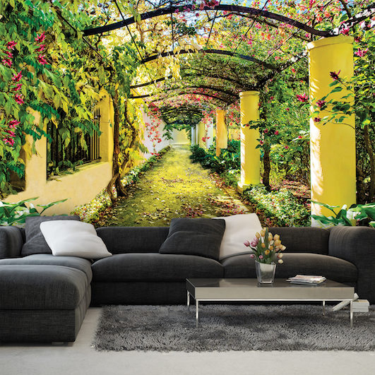 Pergola med blomstrende slyngplanter - Køb non-woven fototapet