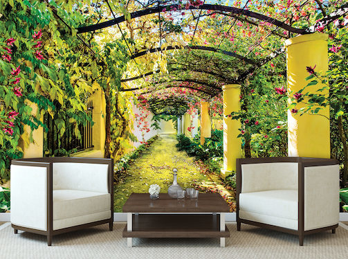 Pergola med blomstrende slyngplanter - Køb non-woven fototapet