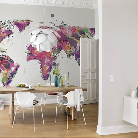 Verdenskort i akvarel farver fototapet - Køb farverig verdens kort