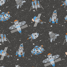 BørneTapet med rumskibe og satelitter i sort, blå og orange farver med glimmer - Køb børnetapeter her