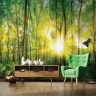 Idyllisk grøn skov med solstråler - Køb flotte fototapeter her!