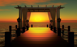 Solnedgang med bro og pavillon - Køb flotte fototapeter her!
