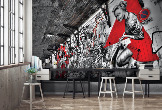 Graffitivæg i sort hvid og rød - Køb flotte fototapeter her!