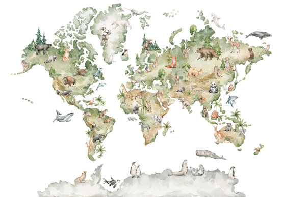 Akvarel verdenskort med dyr - flot fototapet med verdenskortet