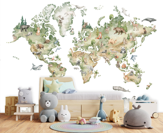 Akvarel verdenskort med dyr - flot fototapet med verdenskortet