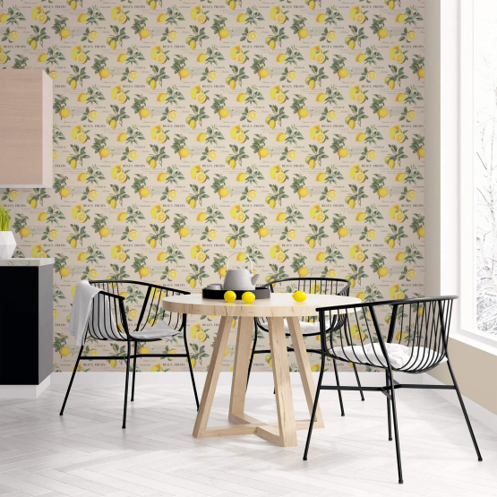 Beige tapet med citroner og tekst | Flot tapet med gule citroner