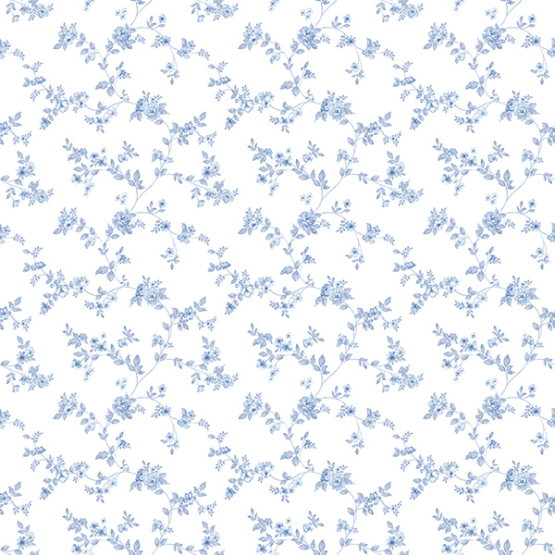 Hvid tapet med små blå blomster på grene | Tapet med småt mønster