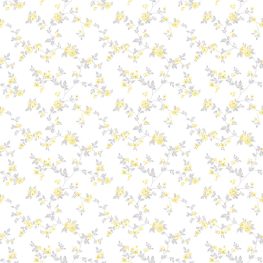 Hvid tapet med små gule blomster på grå grene | Tapet med småt mønster