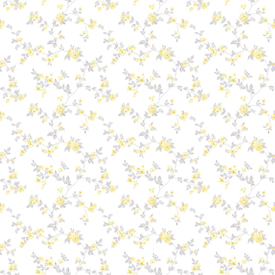 Hvid tapet med små gule blomster på grå grene | Tapet med småt mønster